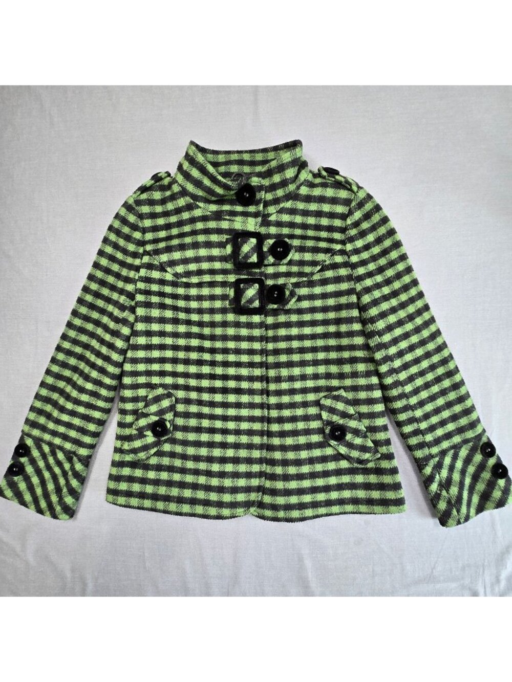 Womens Jacket Size L Plaid Green & Black Button Buckle Wool Blend Coat